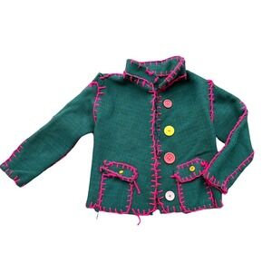 Harris Tweed Trench Coat Size 5 Green Pink Thrift Flip Virgin Wool Front Button